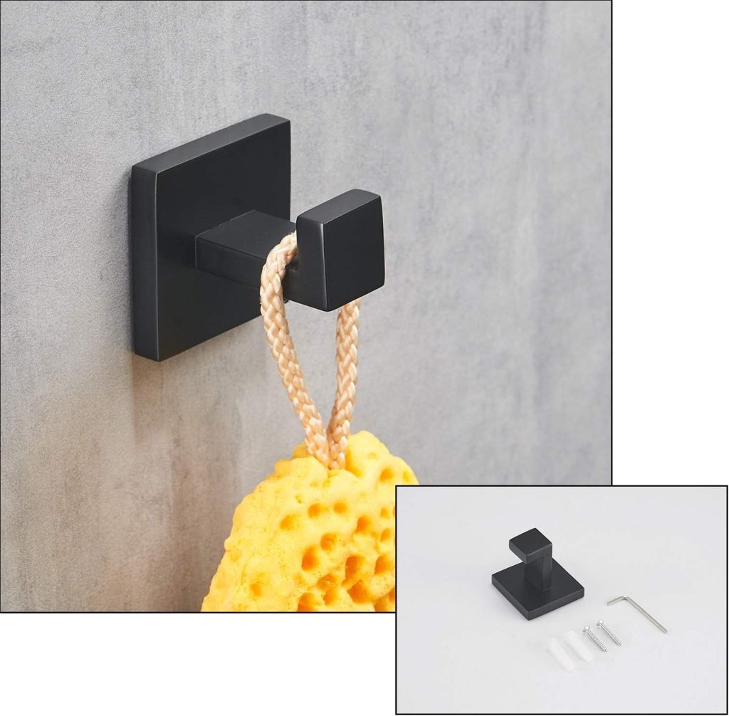 4-piece matte black bathroom hardware set with towel bar and hook
Modern black SUS304 stainless steel towel bar set
Bathroom accessories set with matte finish – bar, ring, hook, holder