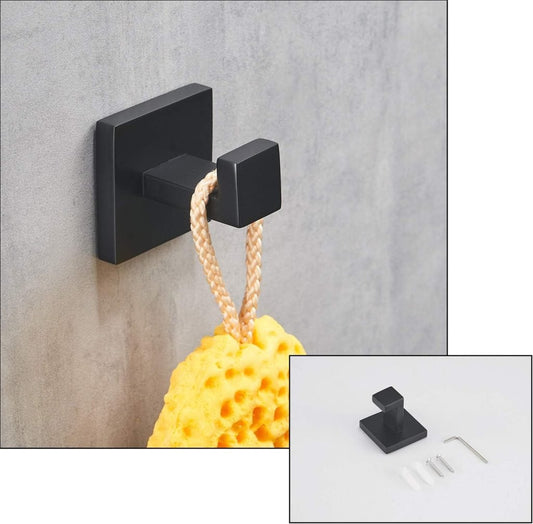 4-piece matte black bathroom hardware set with towel bar and hook
Modern black SUS304 stainless steel towel bar set
Bathroom accessories set with matte finish – bar, ring, hook, holder