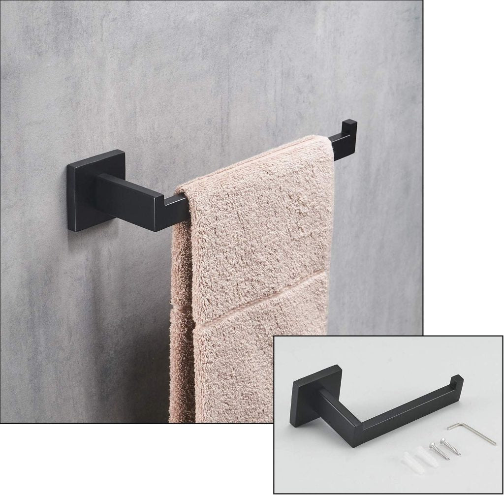 4-piece matte black bathroom hardware set with towel bar and hook
Modern black SUS304 stainless steel towel bar set
Bathroom accessories set with matte finish – bar, ring, hook, holder