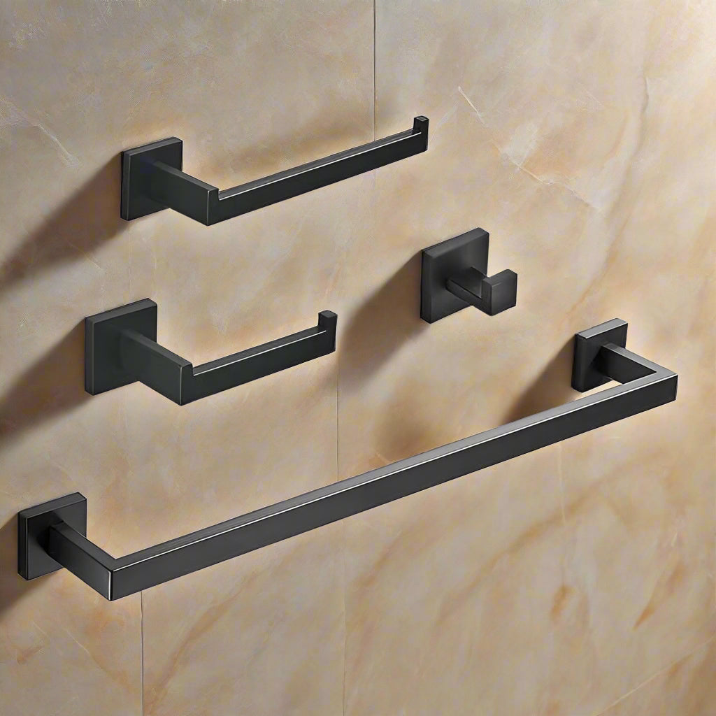 4-piece matte black bathroom hardware set with towel bar and hook
Modern black SUS304 stainless steel towel bar set
Bathroom accessories set with matte finish – bar, ring, hook, holder