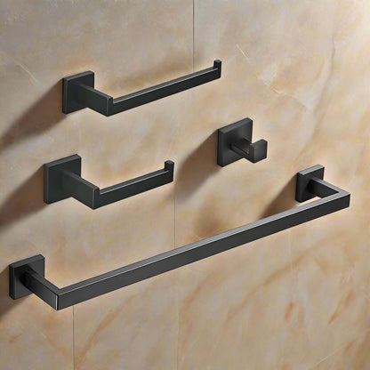 4-piece matte black bathroom hardware set with towel bar and hook
Modern black SUS304 stainless steel towel bar set
Bathroom accessories set with matte finish – bar, ring, hook, holder