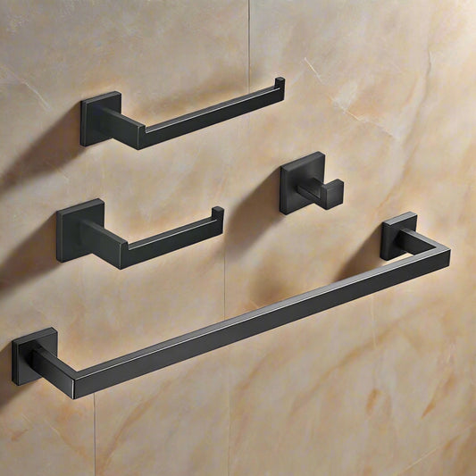 4-piece matte black bathroom hardware set with towel bar and hook
Modern black SUS304 stainless steel towel bar set
Bathroom accessories set with matte finish – bar, ring, hook, holder