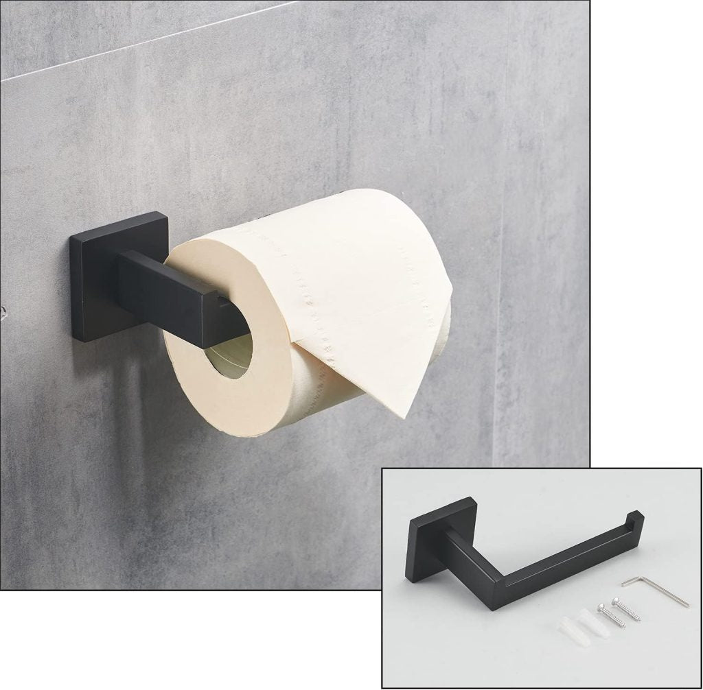 4-piece matte black bathroom hardware set with towel bar and hook
Modern black SUS304 stainless steel towel bar set
Bathroom accessories set with matte finish – bar, ring, hook, holder