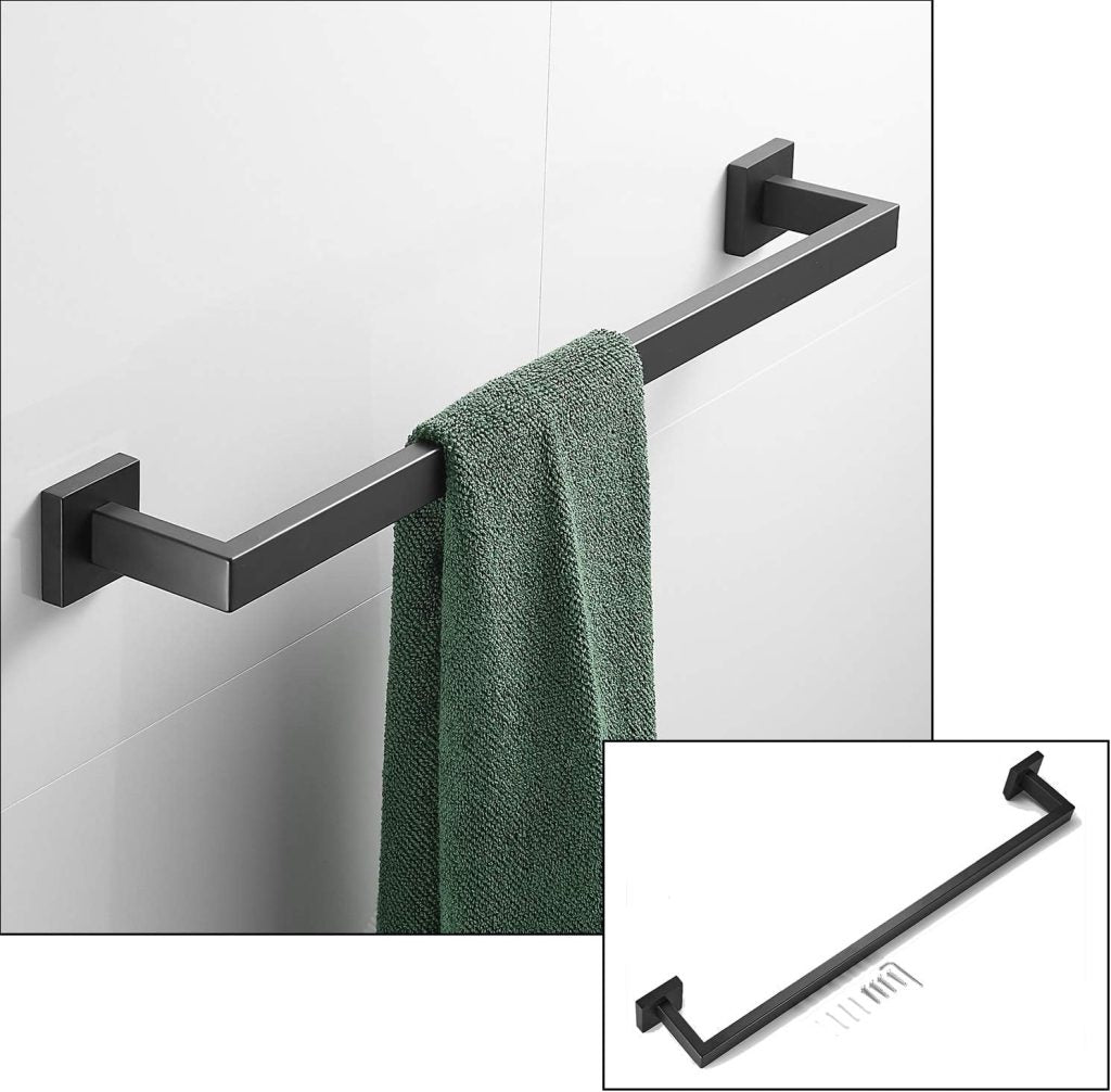 4-piece matte black bathroom hardware set with towel bar and hook
Modern black SUS304 stainless steel towel bar set
Bathroom accessories set with matte finish – bar, ring, hook, holder