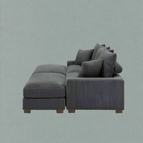 4-Piece Corduroy Sectional Sofa in Dark Gray with Reversible Chaise

Light Gray Corduroy Sectional Sofa – Compact Modern Design

Corner Sectional Sofa with Plush Ribbed Upholstery

Modern 4-Piece Sofa Set with Reversible Layout Options

Living Room Sofa Set – Medium Firm Corduroy Upholstery