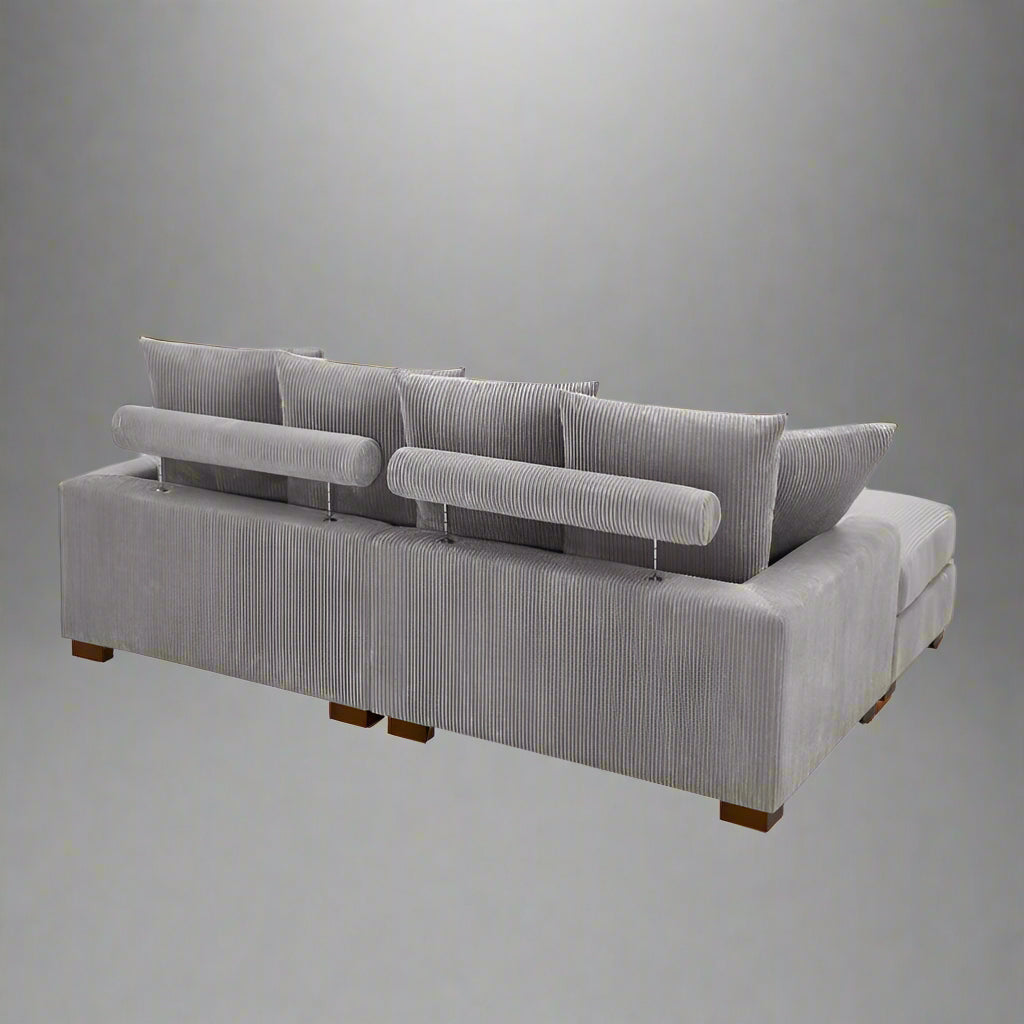 4-Piece Corduroy Sectional Sofa in Dark Gray with Reversible Chaise

Light Gray Corduroy Sectional Sofa – Compact Modern Design

Corner Sectional Sofa with Plush Ribbed Upholstery

Modern 4-Piece Sofa Set with Reversible Layout Options

Living Room Sofa Set – Medium Firm Corduroy Upholstery