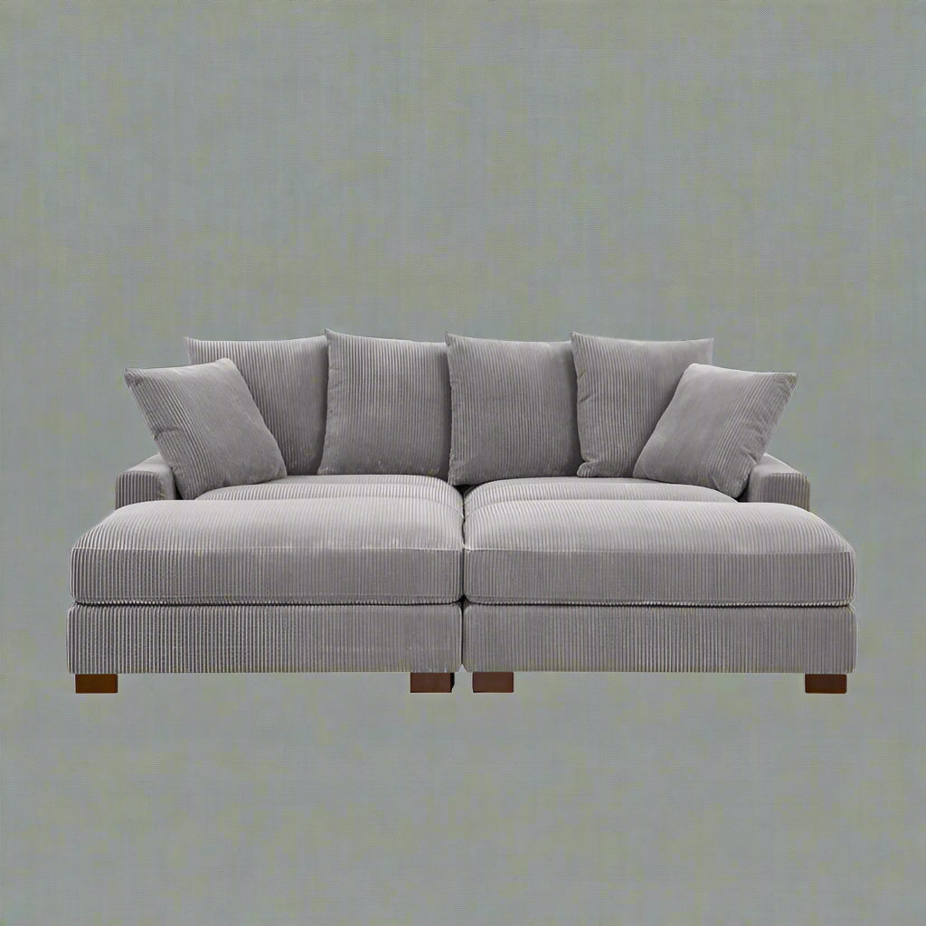 4-Piece Corduroy Sectional Sofa in Dark Gray with Reversible Chaise

Light Gray Corduroy Sectional Sofa – Compact Modern Design

Corner Sectional Sofa with Plush Ribbed Upholstery

Modern 4-Piece Sofa Set with Reversible Layout Options

Living Room Sofa Set – Medium Firm Corduroy Upholstery