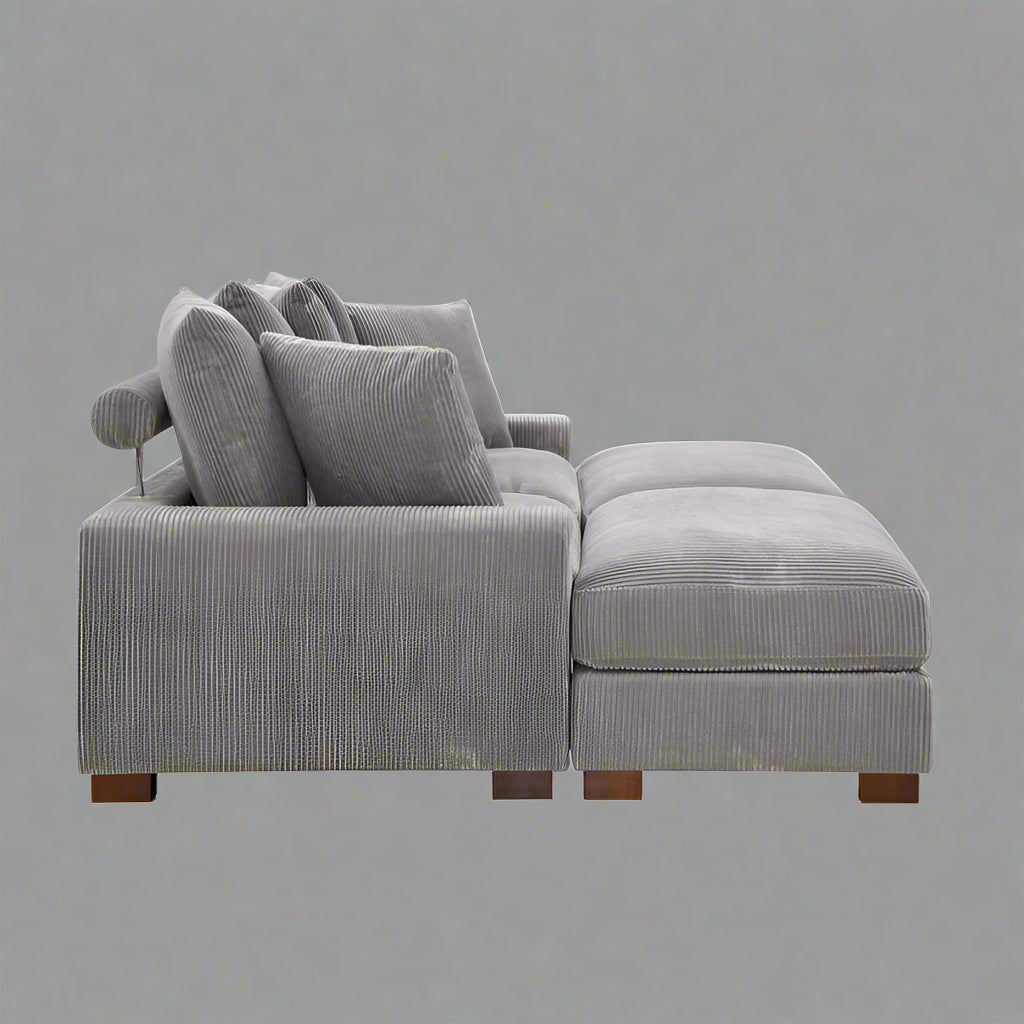 4-Piece Corduroy Sectional Sofa in Dark Gray with Reversible Chaise

Light Gray Corduroy Sectional Sofa – Compact Modern Design

Corner Sectional Sofa with Plush Ribbed Upholstery

Modern 4-Piece Sofa Set with Reversible Layout Options

Living Room Sofa Set – Medium Firm Corduroy Upholstery