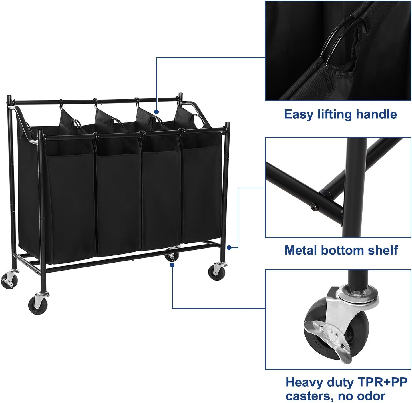 New 4 - Section Rolling Laundry Cart Hamper – Heavy - Duty Sorter with Wheels & Removable Bags RLS90H - with | Sold by Uncle Wiener's Wholesale