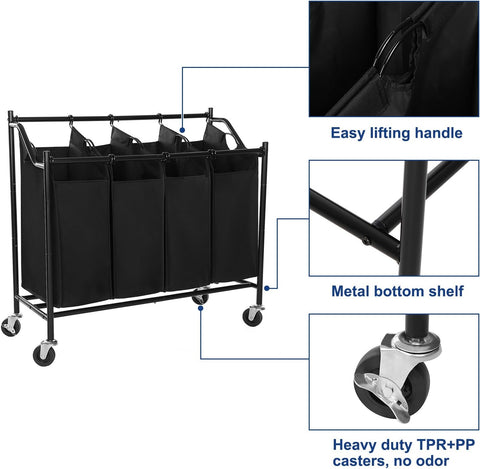 New 4 - Section Rolling Laundry Cart Hamper – Heavy - Duty Sorter with Wheels & Removable Bags RLS90H - with | Sold by Uncle Wiener's Wholesale