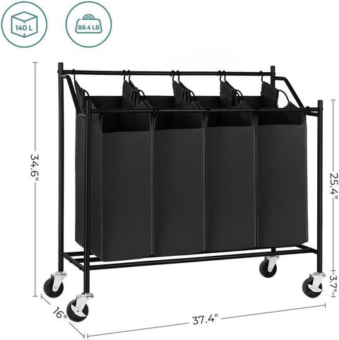 New 4 - Section Rolling Laundry Cart Hamper – Heavy - Duty Sorter with Wheels & Removable Bags RLS90H - with | Sold by Uncle Wiener's Wholesale