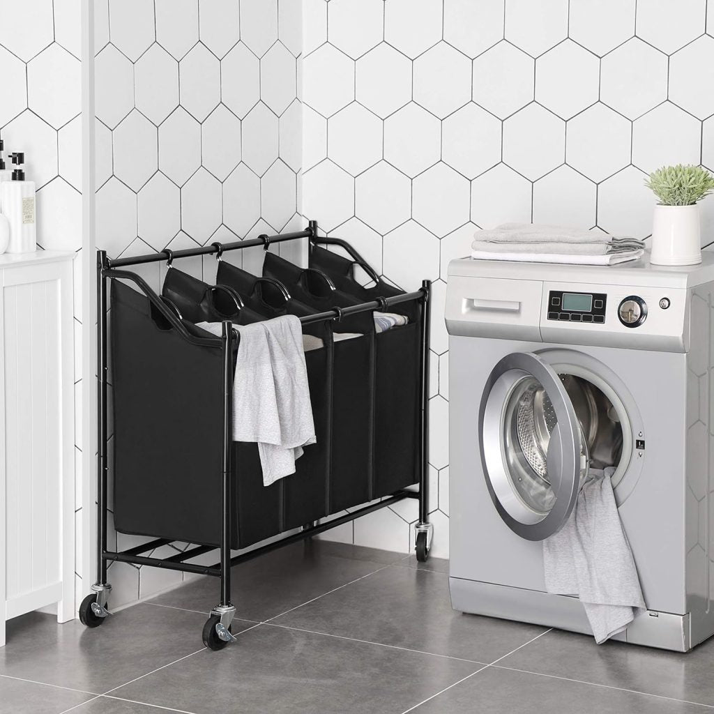 New 4 - Section Rolling Laundry Cart Hamper – Heavy - Duty Sorter with Wheels & Removable Bags RLS90H - with | Sold by Uncle Wiener's Wholesale