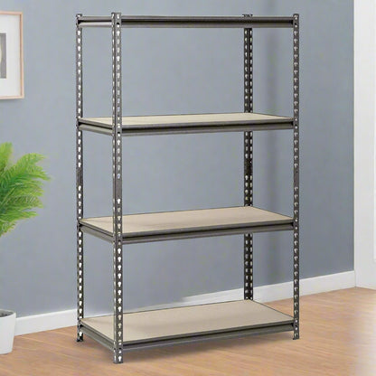 4-tier black boltless metal shelving rack with adjustable shelves – heavy-duty storage unit