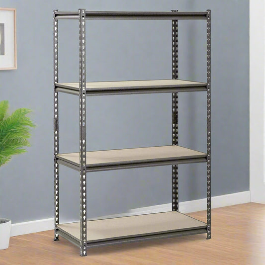 4-tier black boltless metal shelving rack with adjustable shelves – heavy-duty storage unit