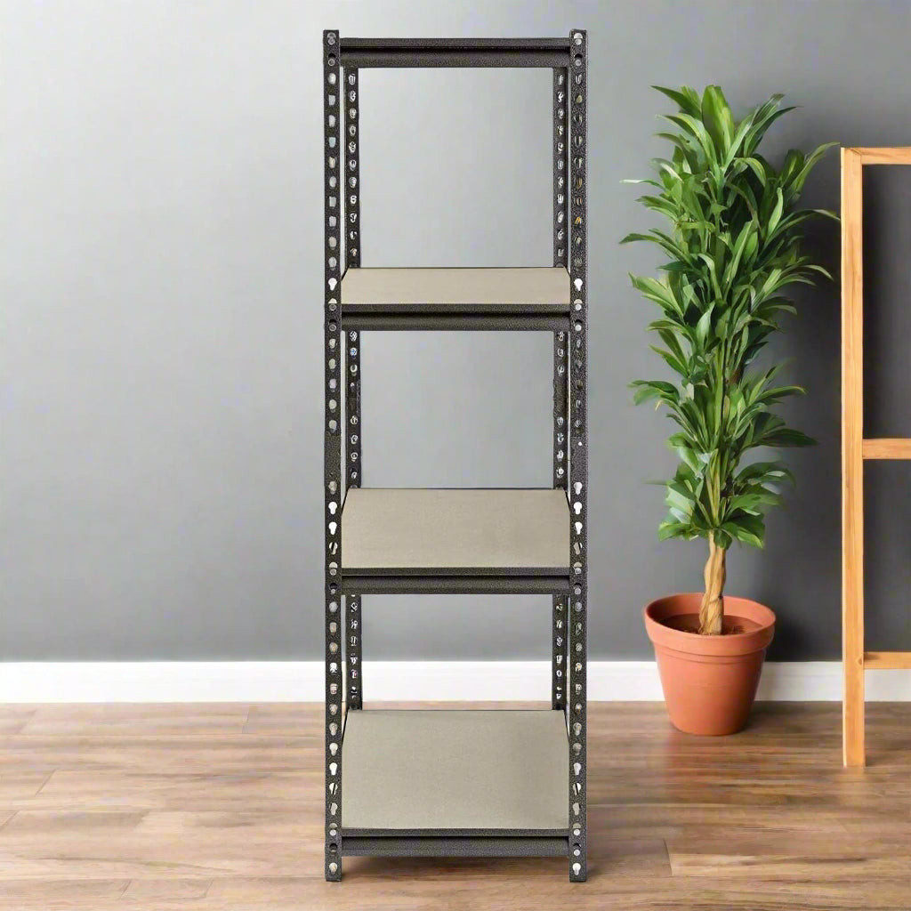 4-tier black boltless metal shelving rack with adjustable shelves – heavy-duty storage unit