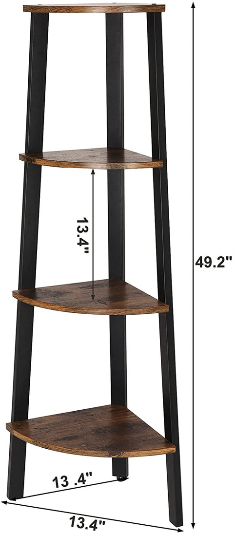 "4-tier industrial corner ladder shelf with fan-shaped wood shelves and black steel frame – Model CS04"