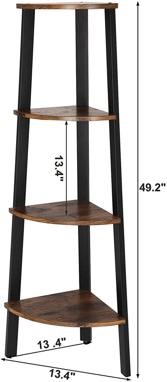 "4-tier industrial corner ladder shelf with fan-shaped wood shelves and black steel frame – Model CS04"