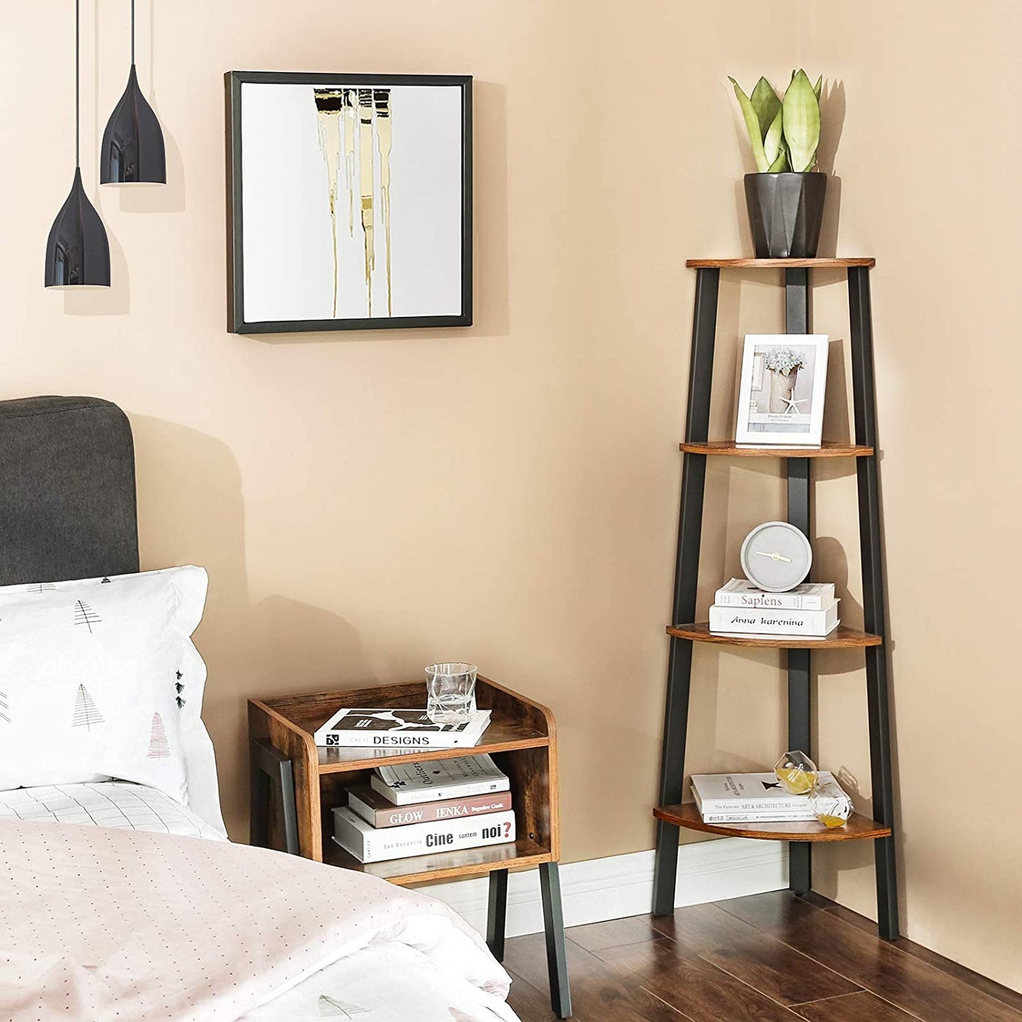 "4-tier industrial corner ladder shelf with fan-shaped wood shelves and black steel frame – Model CS04"