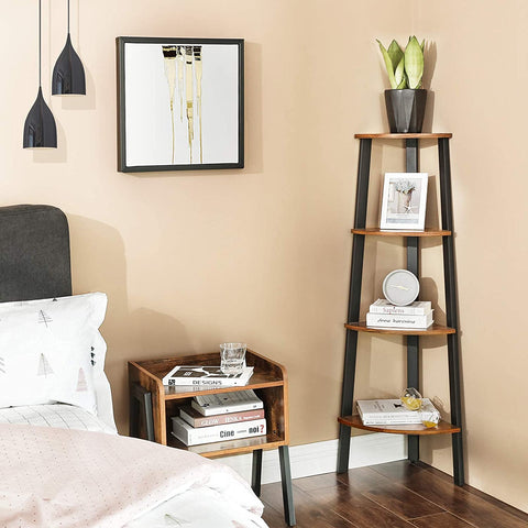 "4-tier industrial corner ladder shelf with fan-shaped wood shelves and black steel frame – Model CS04"
