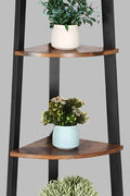 "4-tier industrial corner ladder shelf with fan-shaped wood shelves and black steel frame – Model CS04"