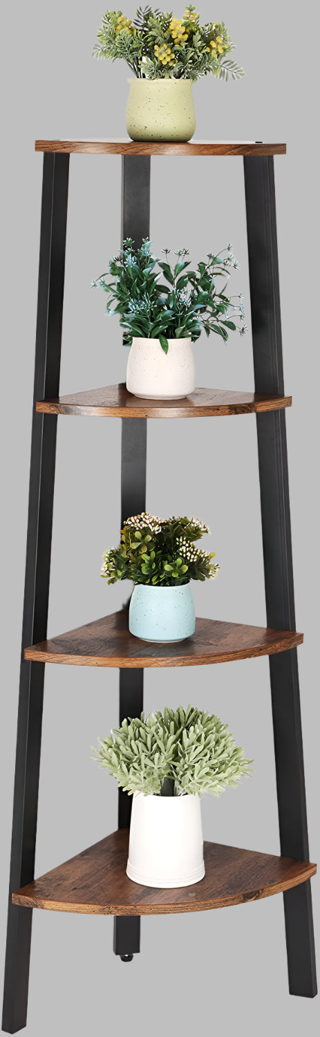 "4-tier industrial corner ladder shelf with fan-shaped wood shelves and black steel frame – Model CS04"