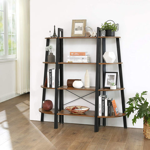 "4-tier industrial corner ladder shelf with fan-shaped wood shelves and black steel frame – Model CS04"