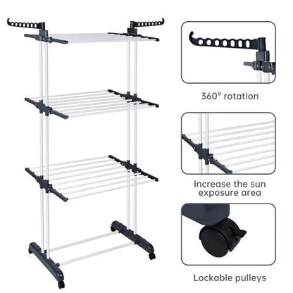 4-Tier Stainless Steel Drying Rack – Full View

Foldable Clothes Drying Rack with Caster Wheels

Drying Rack Collapsed for Storage

Clothes Hanging on Multi-Tier Drying Rack

Side View of Portable Laundry Drying Rack in Use