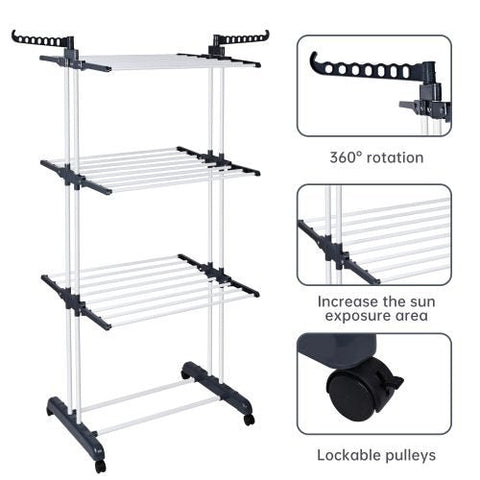 4-Tier Stainless Steel Drying Rack – Full View

Foldable Clothes Drying Rack with Caster Wheels

Drying Rack Collapsed for Storage

Clothes Hanging on Multi-Tier Drying Rack

Side View of Portable Laundry Drying Rack in Use