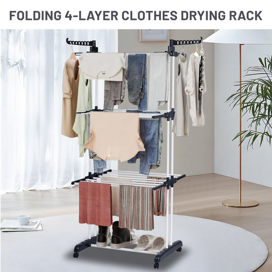 4-Tier Stainless Steel Drying Rack – Full View

Foldable Clothes Drying Rack with Caster Wheels

Drying Rack Collapsed for Storage

Clothes Hanging on Multi-Tier Drying Rack

Side View of Portable Laundry Drying Rack in Use