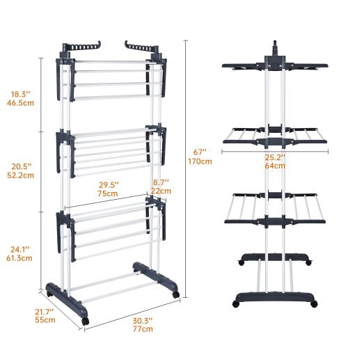 4-Tier Stainless Steel Drying Rack – Full View

Foldable Clothes Drying Rack with Caster Wheels

Drying Rack Collapsed for Storage

Clothes Hanging on Multi-Tier Drying Rack

Side View of Portable Laundry Drying Rack in Use