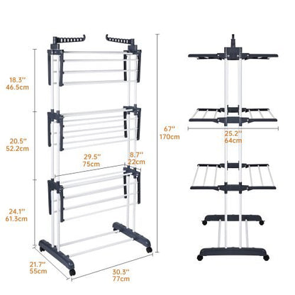 4-Tier Stainless Steel Drying Rack – Full View

Foldable Clothes Drying Rack with Caster Wheels

Drying Rack Collapsed for Storage

Clothes Hanging on Multi-Tier Drying Rack

Side View of Portable Laundry Drying Rack in Use
