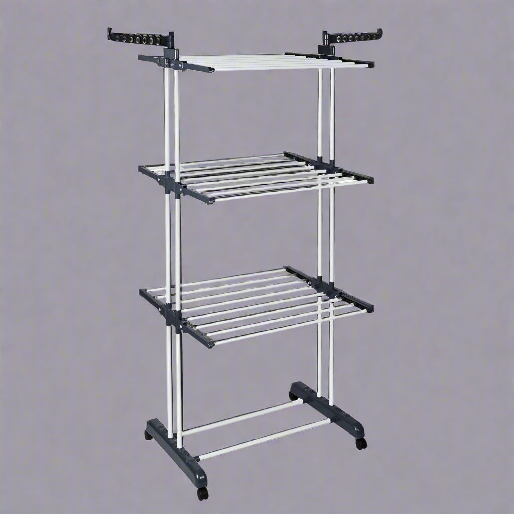 4-Tier Stainless Steel Drying Rack – Full View

Foldable Clothes Drying Rack with Caster Wheels

Drying Rack Collapsed for Storage

Clothes Hanging on Multi-Tier Drying Rack

Side View of Portable Laundry Drying Rack in Use