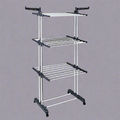 4-Tier Stainless Steel Drying Rack – Full View

Foldable Clothes Drying Rack with Caster Wheels

Drying Rack Collapsed for Storage

Clothes Hanging on Multi-Tier Drying Rack

Side View of Portable Laundry Drying Rack in Use