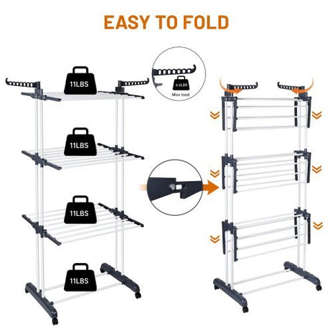 4-Tier Stainless Steel Drying Rack – Full View

Foldable Clothes Drying Rack with Caster Wheels

Drying Rack Collapsed for Storage

Clothes Hanging on Multi-Tier Drying Rack

Side View of Portable Laundry Drying Rack in Use