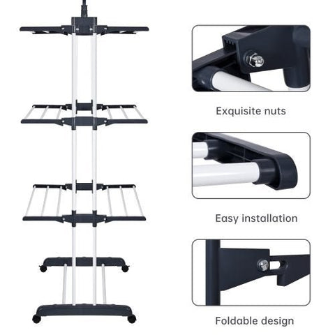 4-Tier Stainless Steel Drying Rack – Full View

Foldable Clothes Drying Rack with Caster Wheels

Drying Rack Collapsed for Storage

Clothes Hanging on Multi-Tier Drying Rack

Side View of Portable Laundry Drying Rack in Use