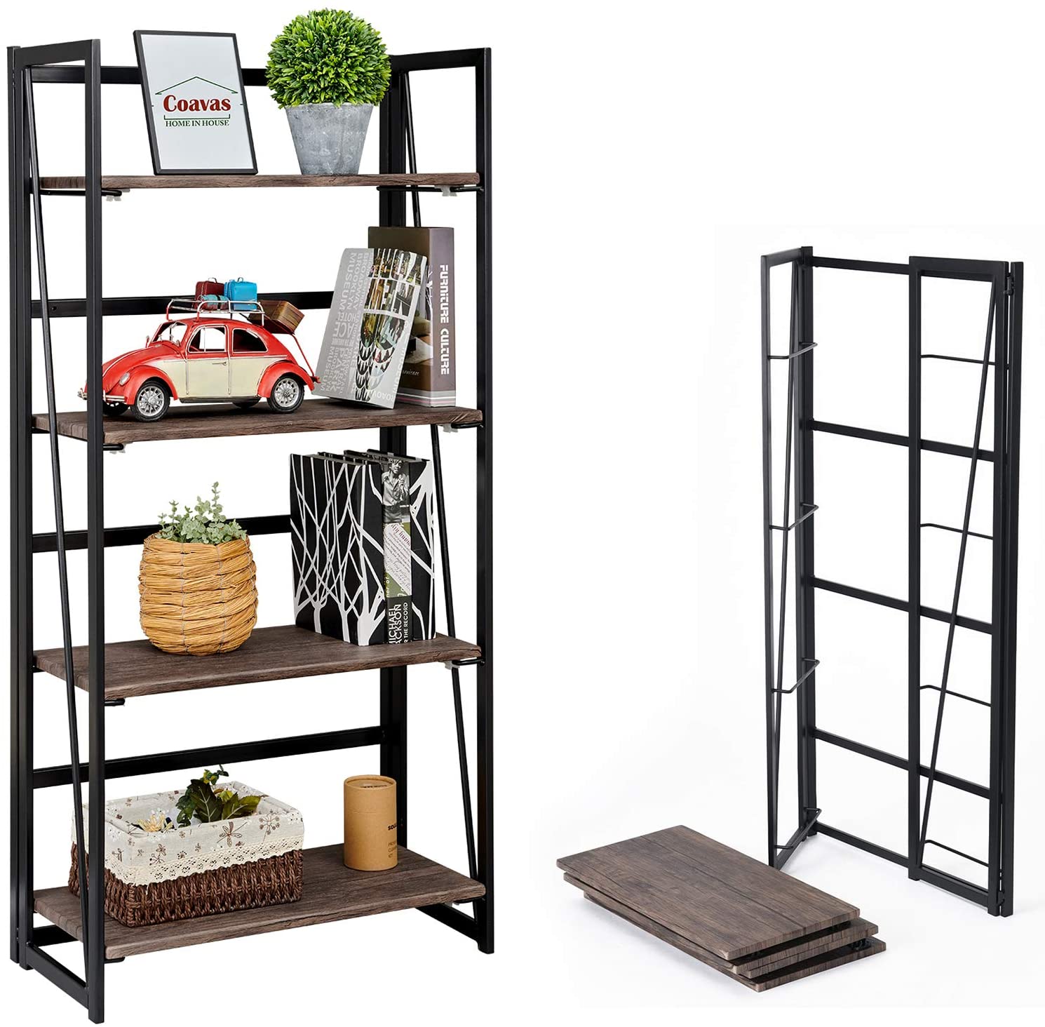 New 4 - Tier Industrial Folding Bookshelf ��� Space - Saving Metal Book Shelf for Home & Office Storage 427911 - with | Sold by Uncle Wiener's Who
