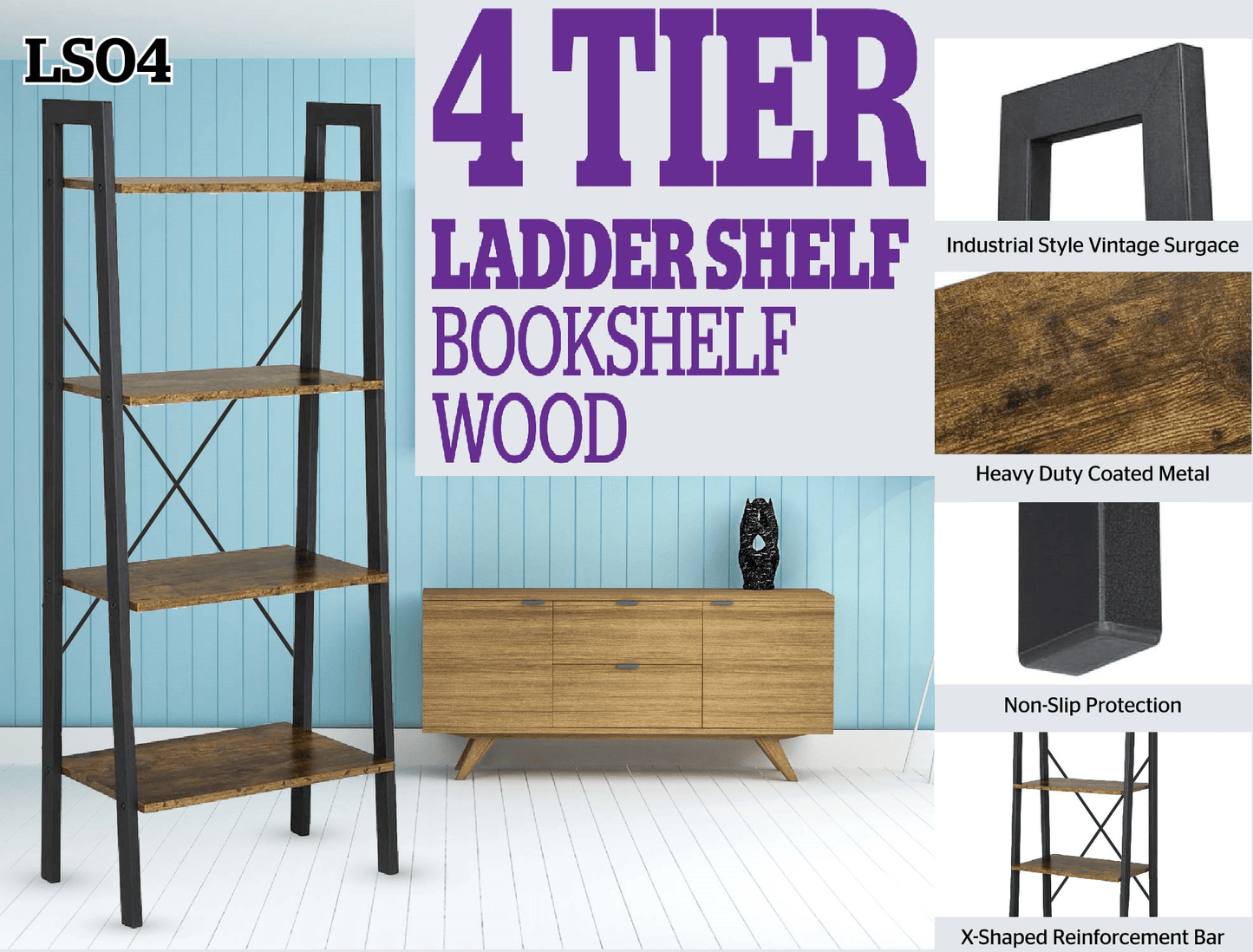 "Rustic 4-tier ladder bookshelf with wood shelves and double cabinet storage – Model LS04"