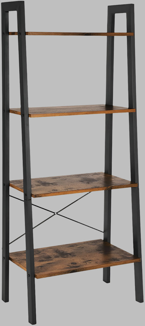 "Rustic 4-tier ladder bookshelf with wood shelves and double cabinet storage – Model LS04"