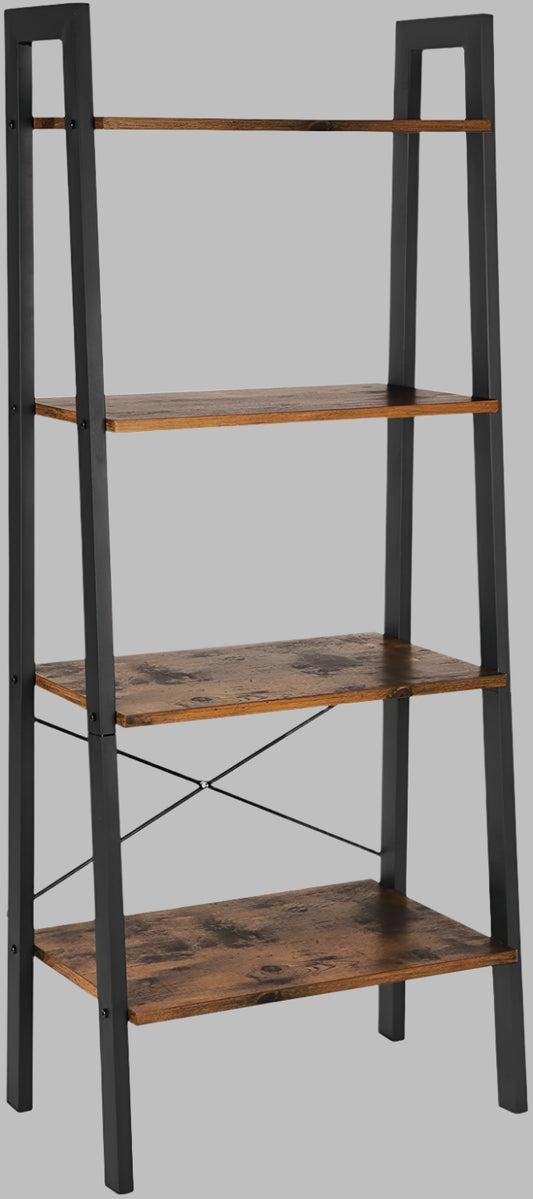 "Rustic 4-tier ladder bookshelf with wood shelves and double cabinet storage – Model LS04"