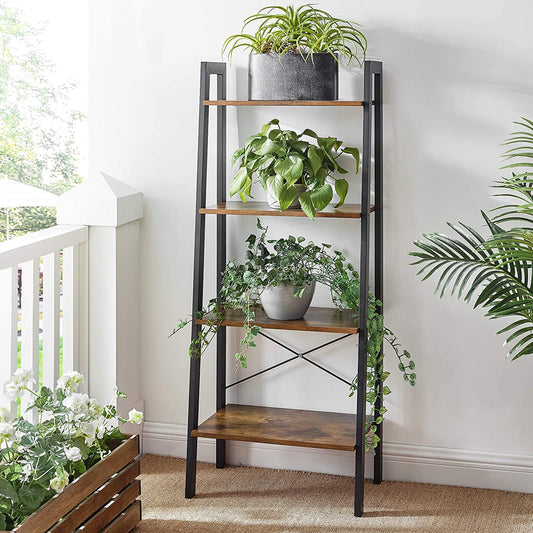 "Rustic 4-tier ladder bookshelf with wood shelves and double cabinet storage – Model LS04"