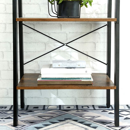 "Rustic 4-tier ladder bookshelf with wood shelves and double cabinet storage – Model LS04"
