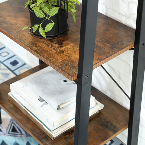 "Rustic 4-tier ladder bookshelf with wood shelves and double cabinet storage – Model LS04"