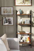 "Rustic 4-tier ladder bookshelf with wood shelves and double cabinet storage – Model LS04"