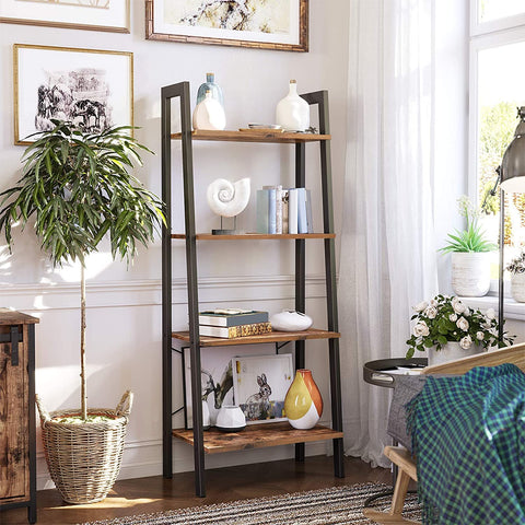 "Rustic 4-tier ladder bookshelf with wood shelves and double cabinet storage – Model LS04"