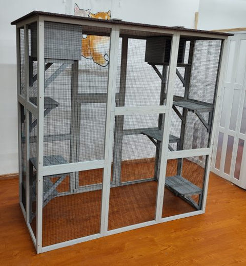 4-tier outdoor wooden catio with nesting boxes and waterproof roof
