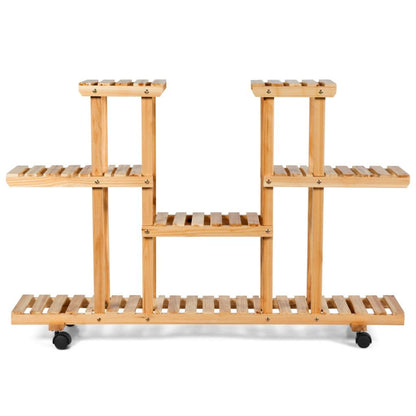 New 4-Tier Wooden Plant Stand with Wheels – Holds 12 Plants, Rolling Indoor/Outdoor Display Shelf FS5187