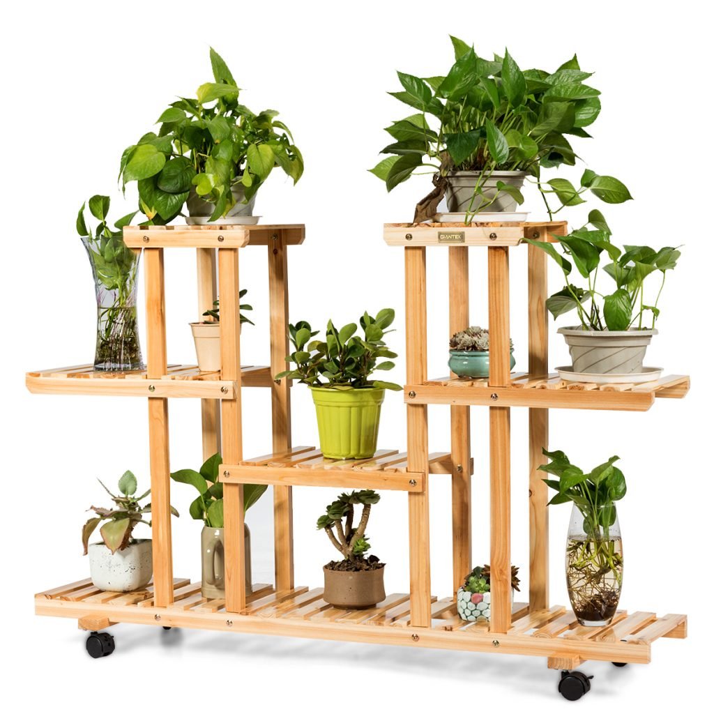 New 4-Tier Wooden Plant Stand with Wheels – Holds 12 Plants, Rolling Indoor/Outdoor Display Shelf FS5187