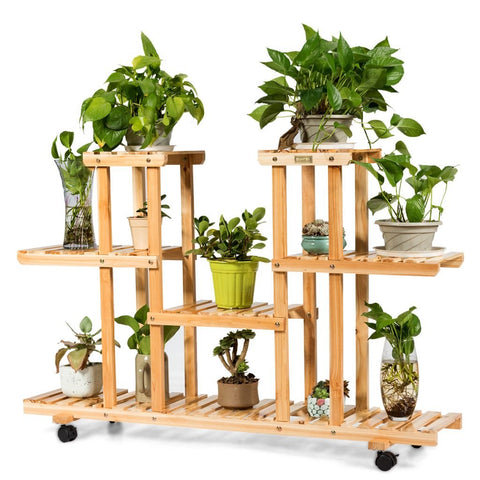 New 4-Tier Wooden Plant Stand with Wheels – Holds 12 Plants, Rolling Indoor/Outdoor Display Shelf FS5187