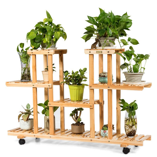 New 4-Tier Wooden Plant Stand with Wheels – Holds 12 Plants, Rolling Indoor/Outdoor Display Shelf FS5187