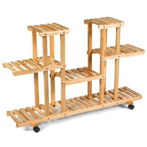 New 4-Tier Wooden Plant Stand with Wheels – Holds 12 Plants, Rolling Indoor/Outdoor Display Shelf FS5187